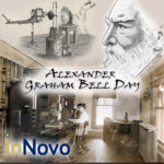 Alexander Graham Bell Day image showing an old switchboard with a schematic of the first telephone with Mr Bell looking on.